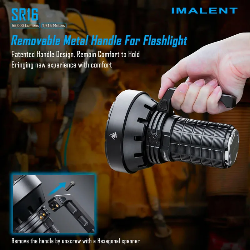 Imalent SR16 Ultra Bright Flashlight/Searchlight with 16pcs LEDs,55,000 Lumens 1,715m Throw,4pcs 21700 Battery Pack,Cooling Fan