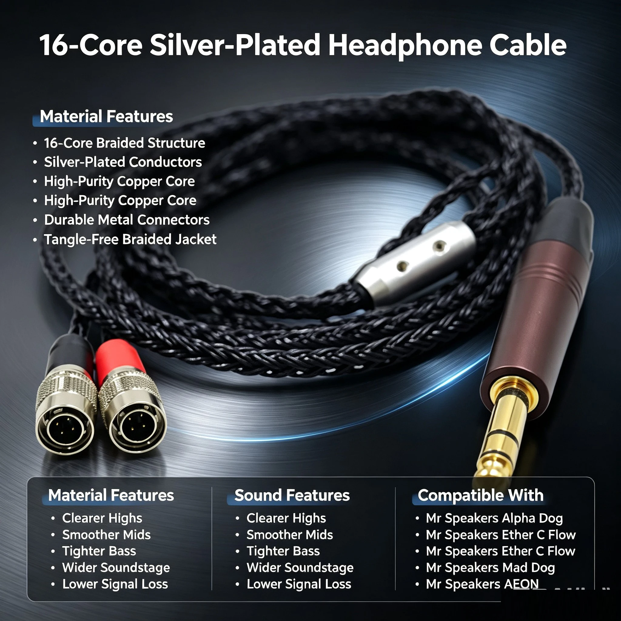 16 Core Silver Plated Black Braided Audio Cable For Mr Speakers Alpha Dog Ether C Flow Mad Dog AEON
