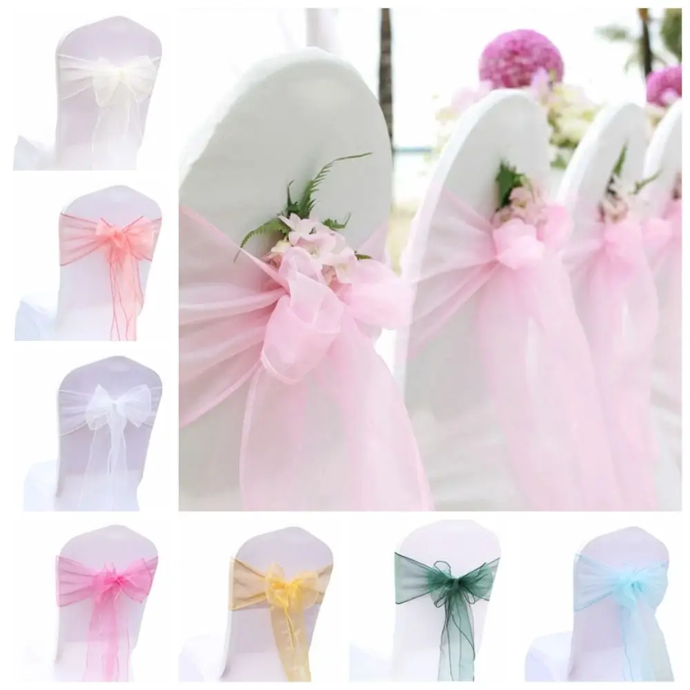 

5pcs Bow Knot Organza Chair Sashes Knot Bands Reusable Organza Chair Bows 275cm Sheer Organza Chair Sashes Baby Shower