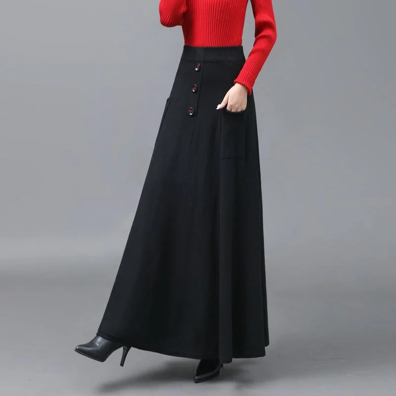 Extended Knitted Wool Skirt Spring Autumn Fashionable Versatile Skirt Pocket Large Hem Skirt Long Skirt
