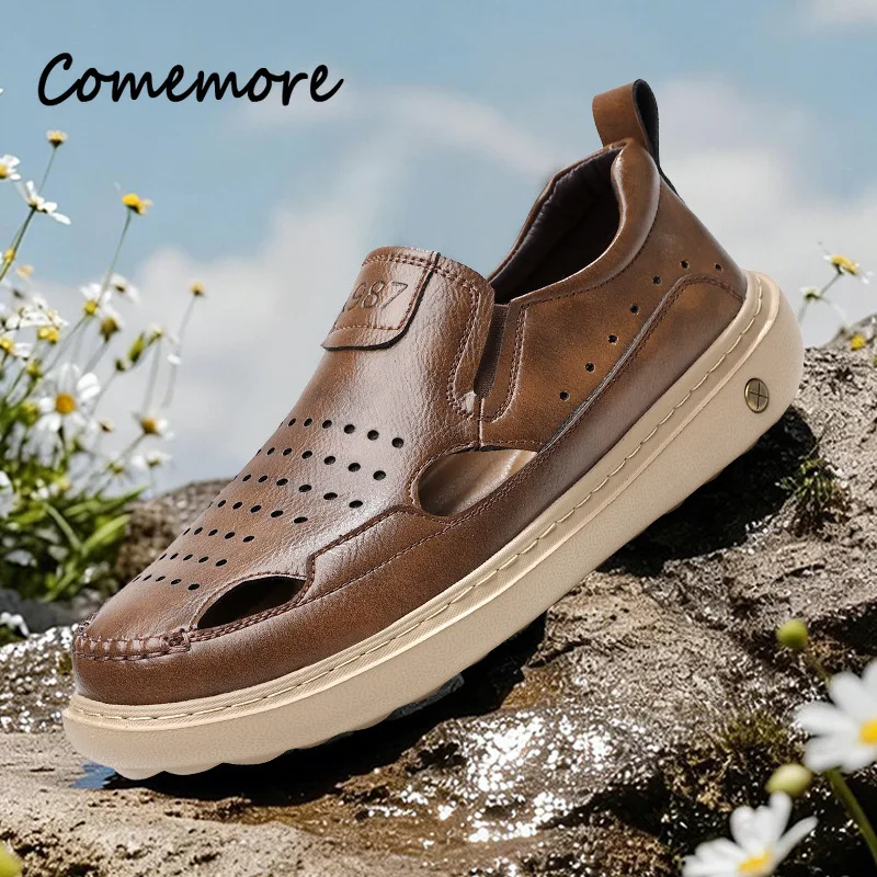 Plus Size 38-47 Men Sandals Fashion Leather Causal Slides Breathable Rome Male Summer Outdoor Beach Vacation Shoes Men Footwear
