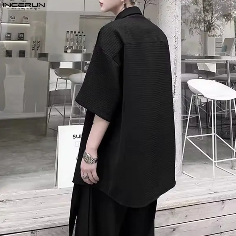 INCERUN الرجال قميص بلون التلبيب كم قصير زر ملابس الرجال عادية مع التعادل الشارع الشهير فضفاض بلوزات على الموضة الذكور القمصان #5