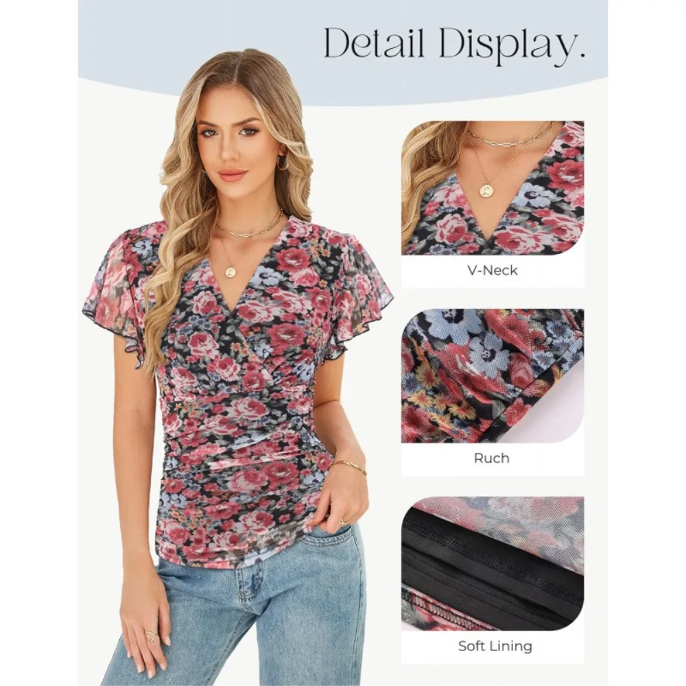 Women V-Neck Ruffle Sleeve Printed Shirt Smart Casual Blouse Summer 2026 Soft Breathable Flowy Flattering Work Vacation New