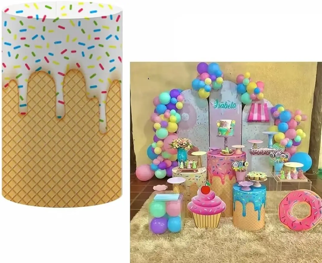 Ice Cream Waffle Cone Cylinder Plinth Table Covers for Donuts Theme Parties Decorations Pedestal Baby Shower Birthday Party