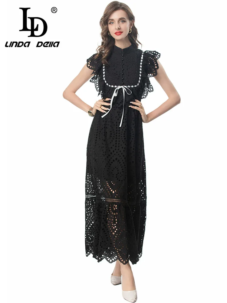 LD LINDA DELLA 2024 Summer Luxury Dress Women's Temperament Hollow Out Embroidery Lace Up Pearls Single Breasted Dresses