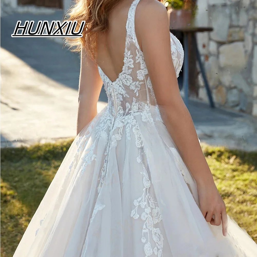Personalizado requintado decote em v vestidos de casamento moderno uma linha apliques rendas sem mangas vestidos de noiva princesa tule até o chão