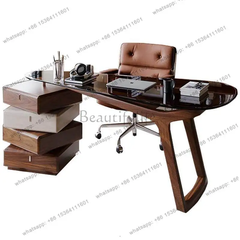 

Italian light luxury modern simple wabi style special-shaped desk glass desk
