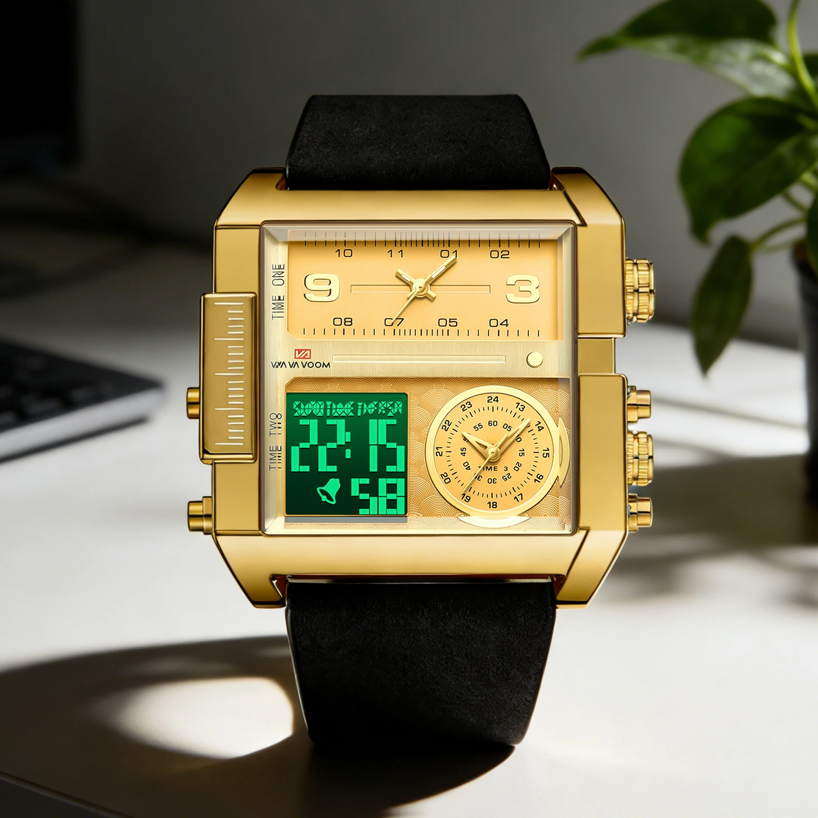 

Luxury Personalized Large Square Men Watch LED Dual Display 48mm Gold Electronic Watch Leather Strap Men Daily Business Watch