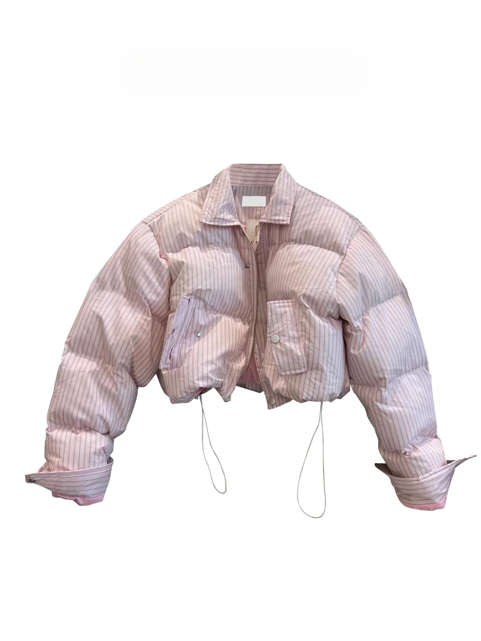 

Pink Striped Long Sve Thiened Cotton Jaet ort Bread Sle Women's Winter New Loose Slimming Coat Korean Version