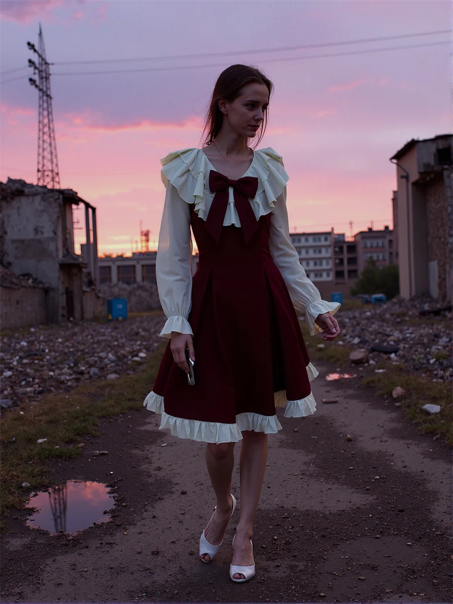 فستان نسائي للفتيات على الطراز الكوري أنيق بحافة منتفخة وربطة عنق وتفاصيل أمامية وخلفية وخصر لطيف جميل وحلو أنثوي جرلي #6