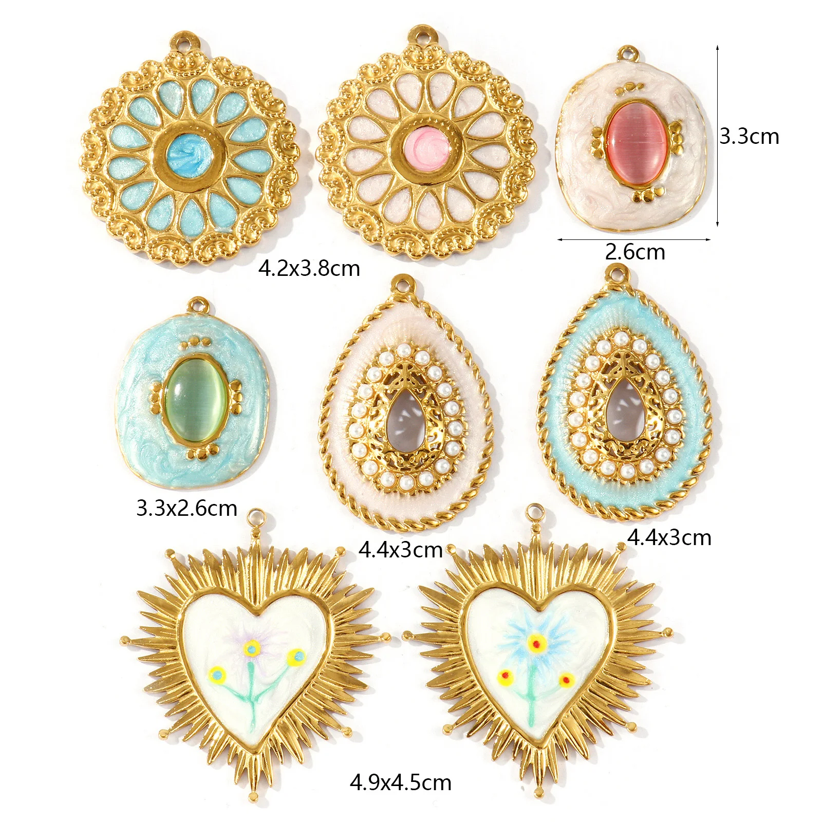 1 Piece Oval Charm Imitation Cat Eye Stone Patch Heart Ex Voto Flower 304 Stainless Steel 18K Gold Plated Pendants DIY Necklace