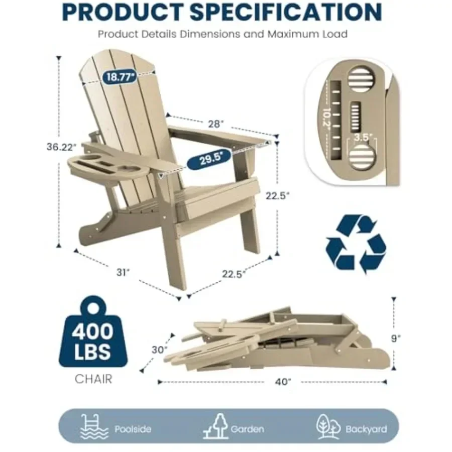 Folding Adirondack Chair Set of 2 for outdoor use, polywood material, gray color, with 4-in-1 cup holder and fire pit compatibi