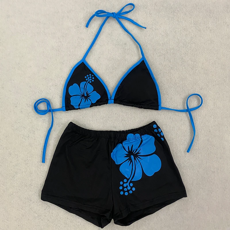 

Flower Printing Lace Up Neck Vest Two Piece European Harajuku Contrast Color Summer Fashion Casual Beach Tank Shorts Bikini Suit