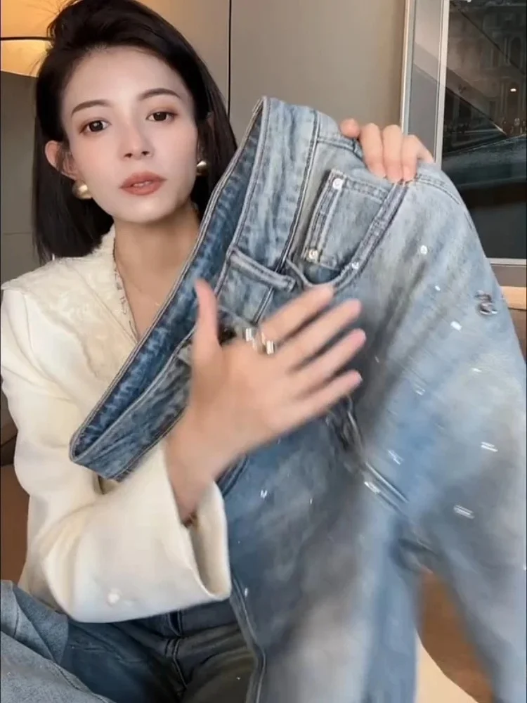 

Джинсовые брюки со звездами и высокой талией, весенние свободные узкие прямые брюки длиной до пола, женские джинсы Ele Sle