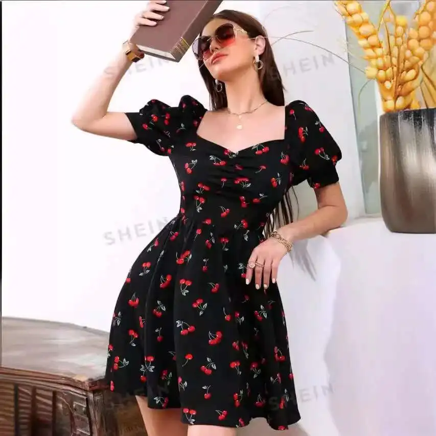 

2025 New New Fashionable and Elegant Printed Square Neck One Shoulder Dress 2025 Summer Dress Robe Vestido Women Elegant