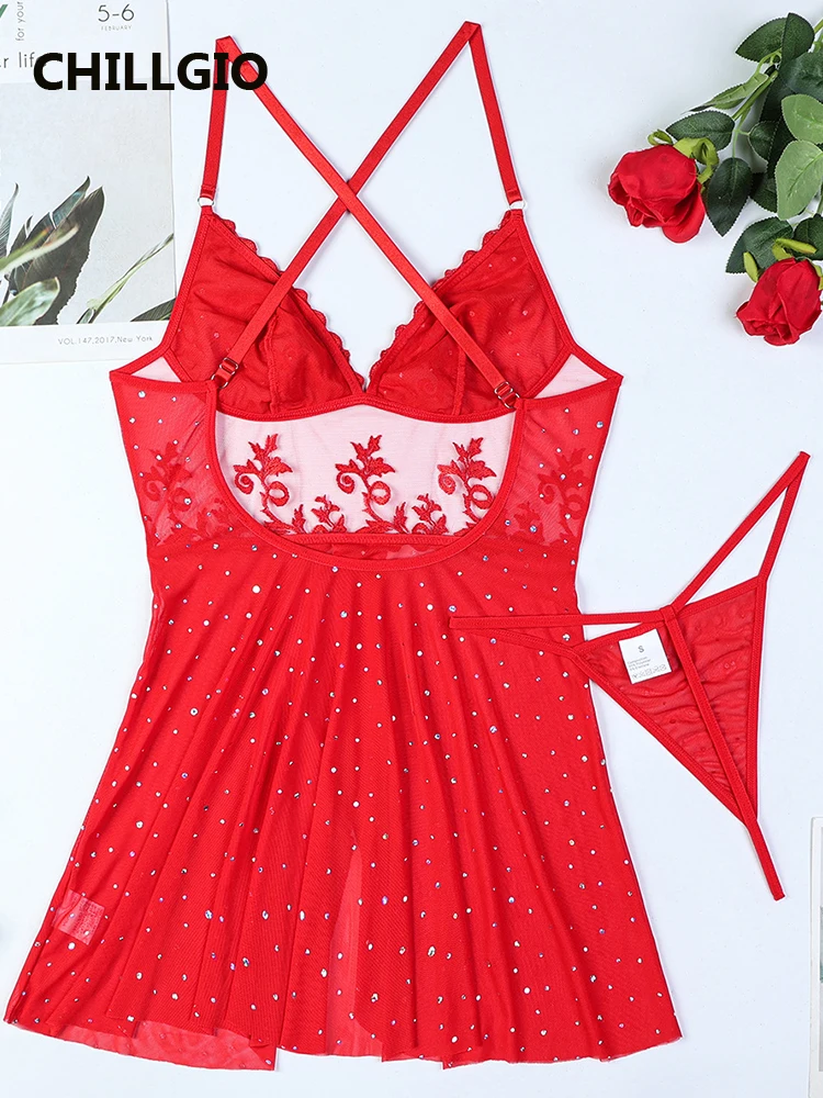 CHILLGIO femmes rouge bretelles Spaghetti robe maille Porno robes courtes pyjamas transparents Lingeries Sexy string chaud femme vêtements