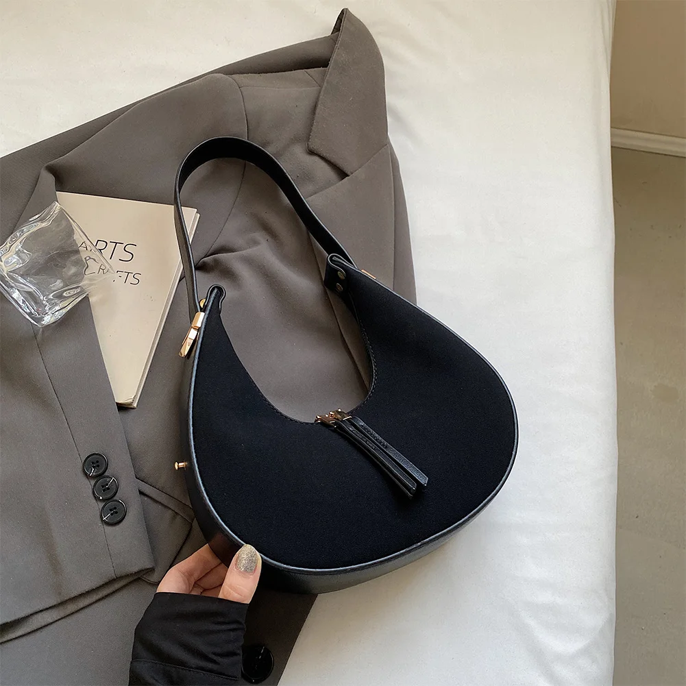 Dames Faux Suede Schoudertas Stijlvolle Halve Maan Tas Grote Capaciteit Kleine Tote Bag Ritssluiting Verstelbare Riem voor Herfst Winter