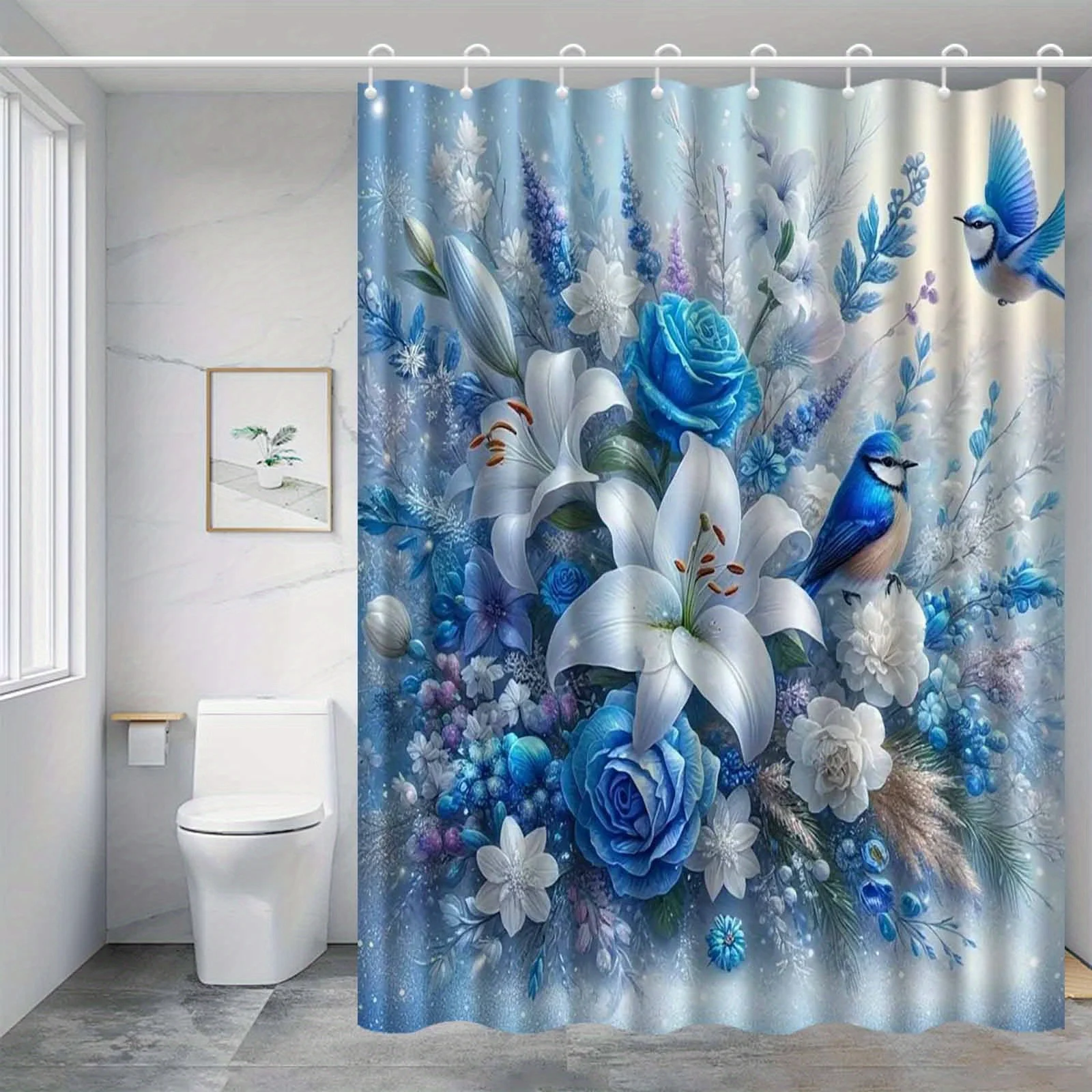 

Blue Roses White Lilies And Birds Floral Arrangement Shower Curtain