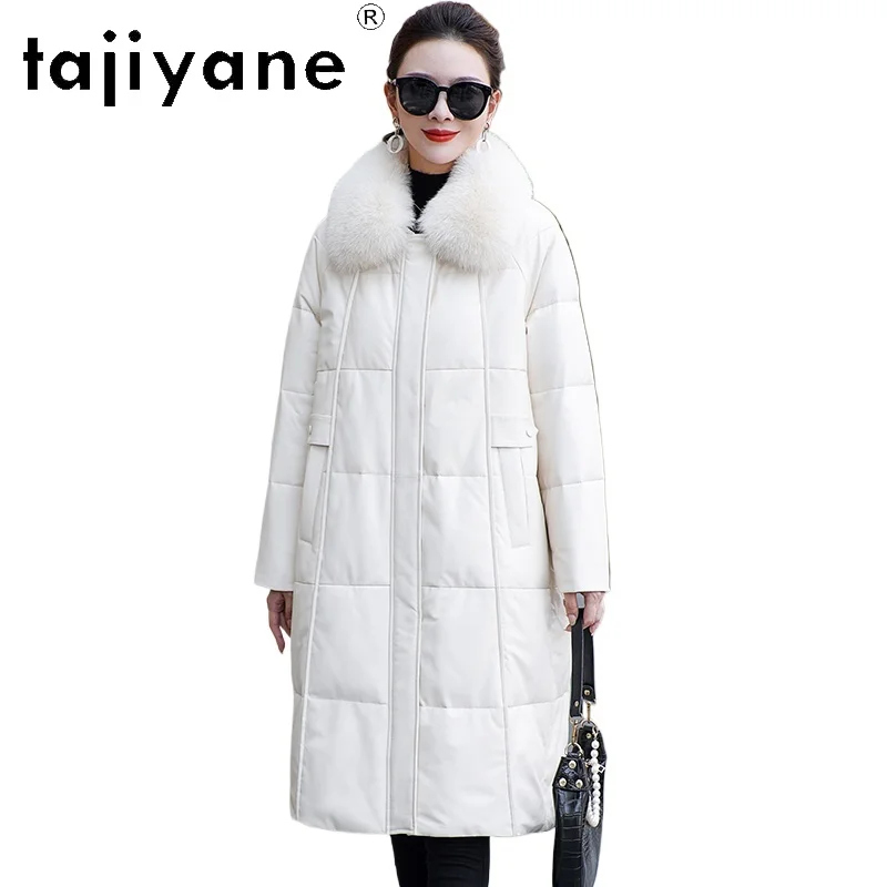 TAJIYANE Echter Schaffell-Weiß-Entendaunenmantel, lange Pufferjacke aus echtem Leder für Damen mit Fuchspelzkragen, Winterkleidung 2025 Durant Daugldi