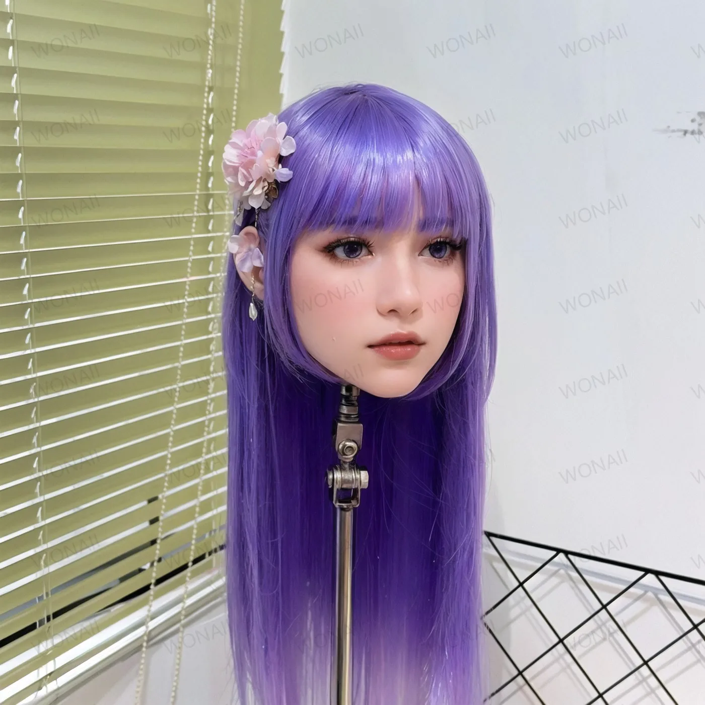 ماكياج صناعي، شعر مستعار طويل، طويل، طويل، مستعار بنفسجي طويل، ويمكن تفكيكه، ومفاصل ملولب M16 -مناسب للتدريب على تصفيف الشعر والعروض الجمالية، وملحقات شعر مستعار للبالغين للرجال والنساء