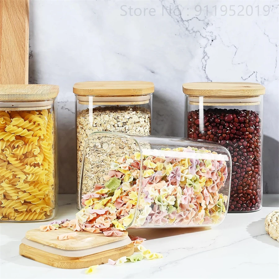 Glass Food Storage Jars with Bamboo Lids, Clear Square Airtight Kitchen Storage Container, Stackable Glass Pantry Food Canisters