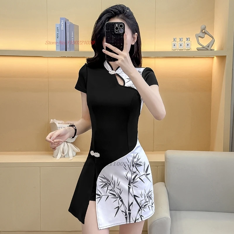 2026 chinese sexy dress cheongsam qipao dress+shorts set bamboo print patchwork dress qipao hotel spa work dress beauty uniform