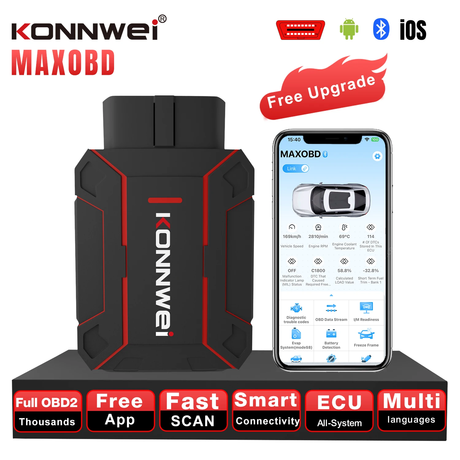 konnwei-maxobd-bluetooth-52-obd2スキャナー、エンジンabs-srsエアバッグ対応フルシステム車両診断ツール、ライブデータ、ios-android対応