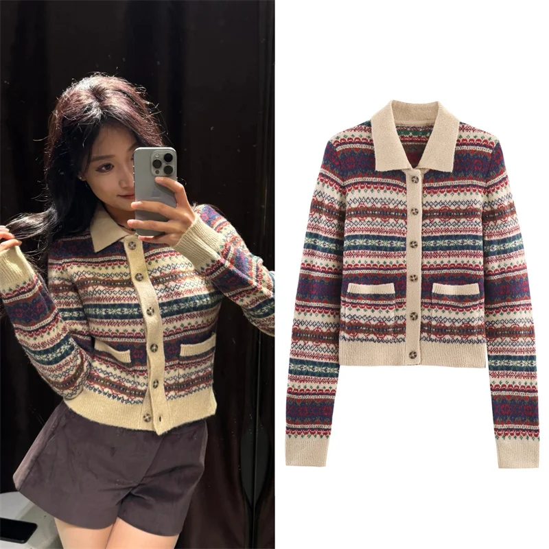 

Women's Jacket 2025 Autumn New Arrivals Multi-color Long Sleeve Color-block Jacquard Knit Cardigan Casual Fashion Versatile