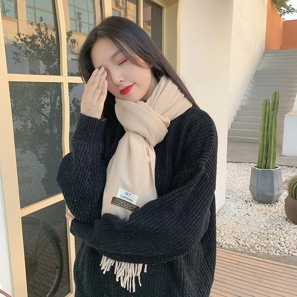 

Классический шерстяной шарф из полиэстера с защитой от холода, мягкий ветрозащитный однотонный шаль, теплый длинный шейный платок в корейском стиле с кисточкой для женщин