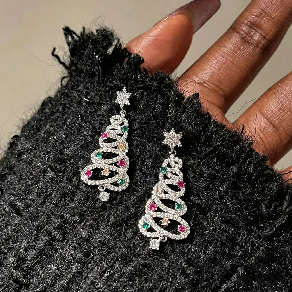 Christmas Tree Hollow Dangle Earrings Xmas Bling Shiny Cute Holiday Unisex Fun Trendy Party Decor Ear Jewelry Gift Present