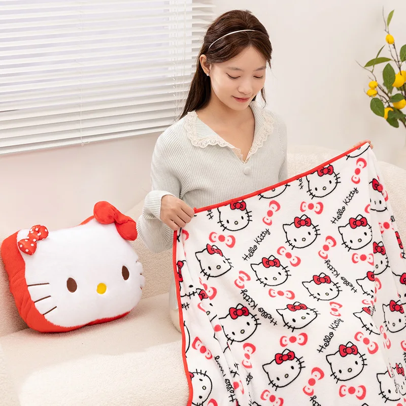 アニメハローキティ漫画コーラルベルベット枕とブランケット、かわいい車用スローブランケット、かわいい厚いソファブランケット、ホリデーギフト