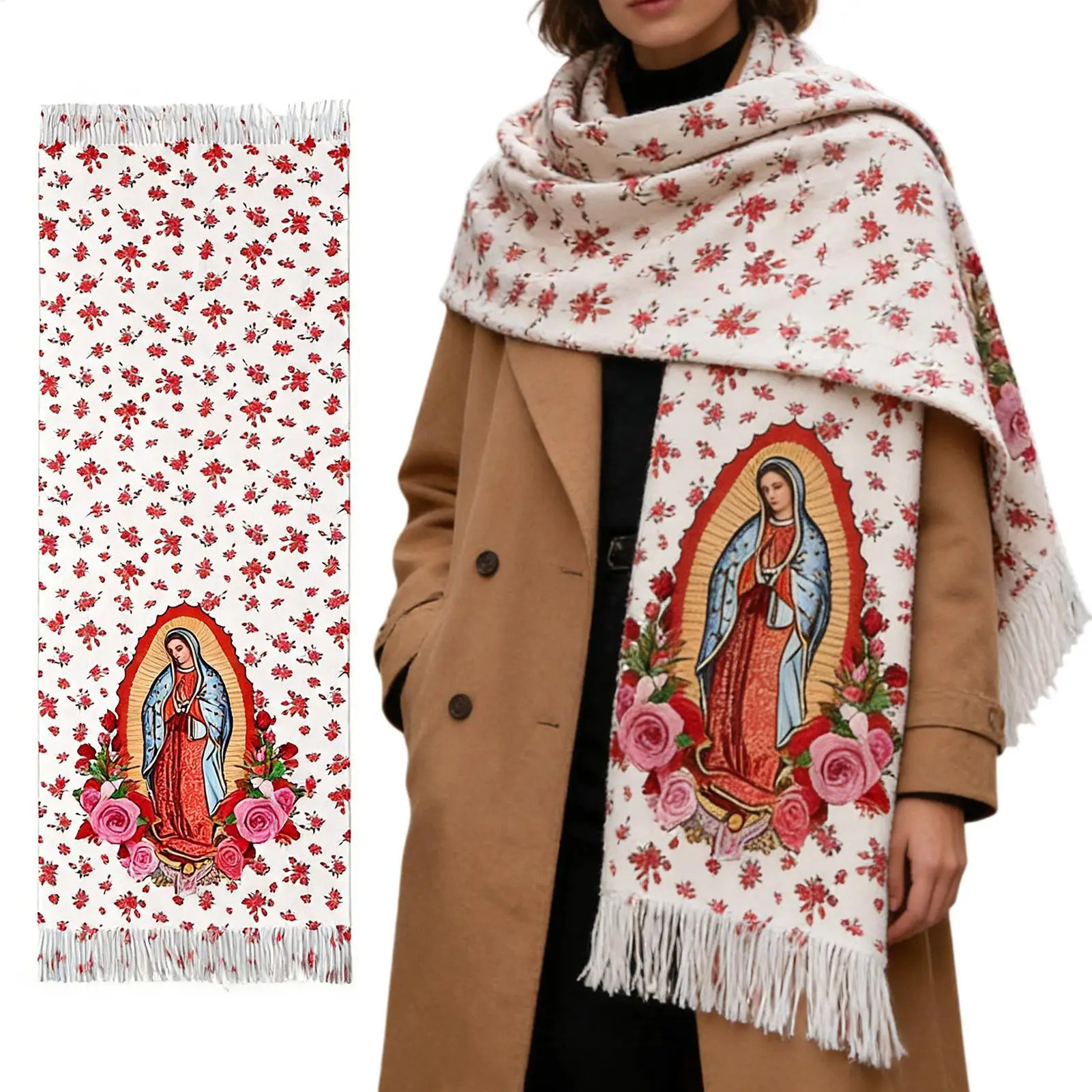 Virgin Mary Scarf Catholic Soft Warm Floral Pattern virgin mary shawl Women Blanket Shawls for Prayer Travel Hotel Garden Indoor