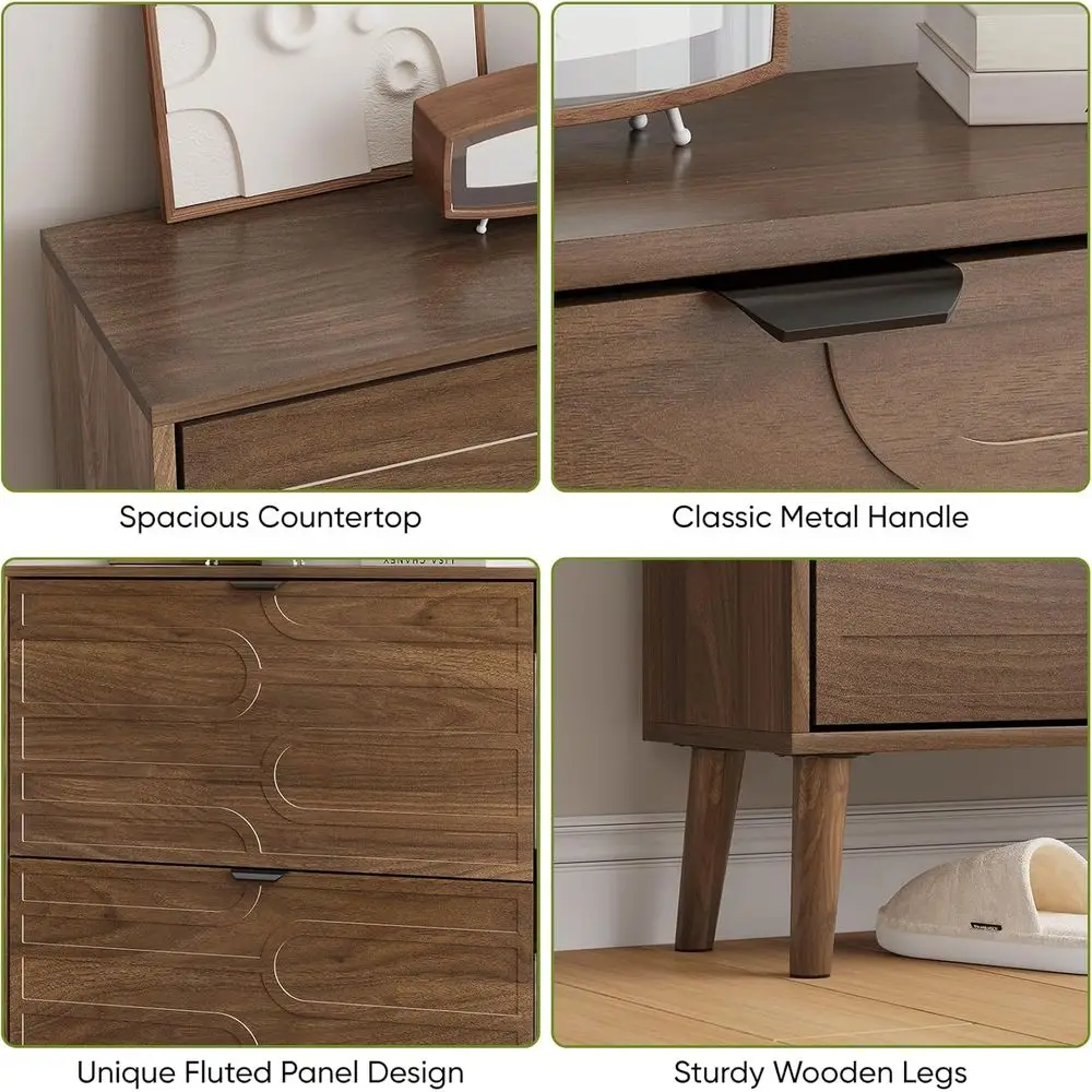 Zapatero independiente de nogal con 2 cajones y diseño de panel estriado para almacenamiento en la entrada