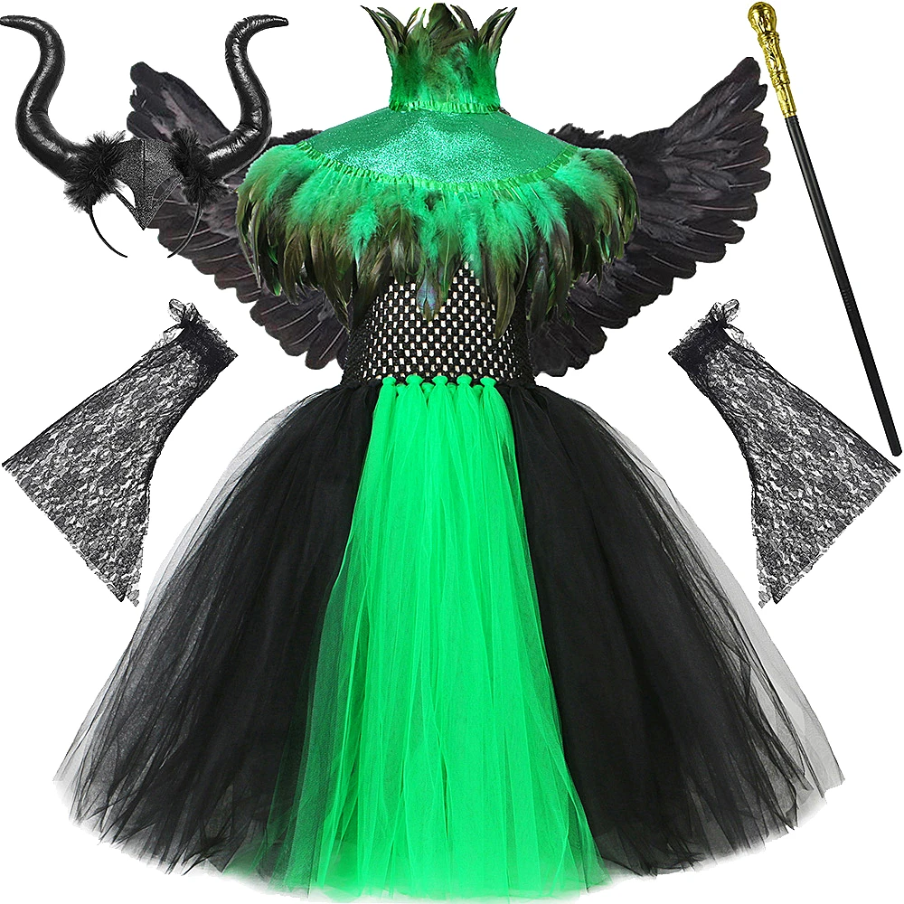 Gothic Feathers Cape Witch Long Dresses for Girls Halloween Maleficant Costumes for Kids Evil Angel Queen Tutu Outfit with Wings