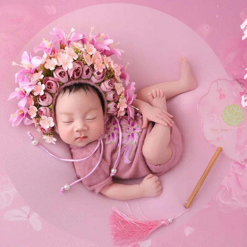 Newborn Photography Clothing Flowers Florals Hat Newborn Baby Photography Props Handmade Colorful Bonnet Hat Studio Shooting