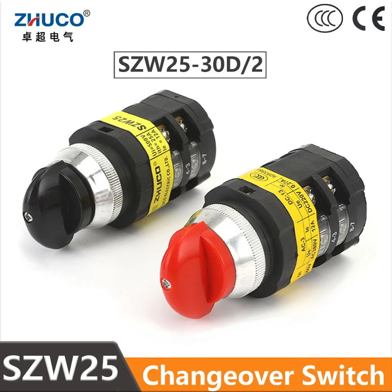 

ZHUCO SZW25-30D/2 25A Red Black Handle Three Position Two Pole 8 Screw Terminals Silver Contact Rotary Changeover Cam Switch