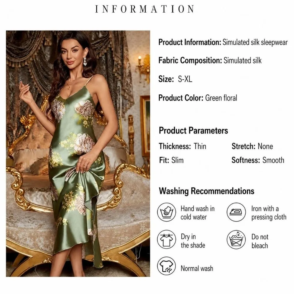 Elegant Sexy V-Neck Slip Nightgowns Floral Print Silky Comfort Smooth Sleepwear Sleeveless Long Hem Women Nightgown