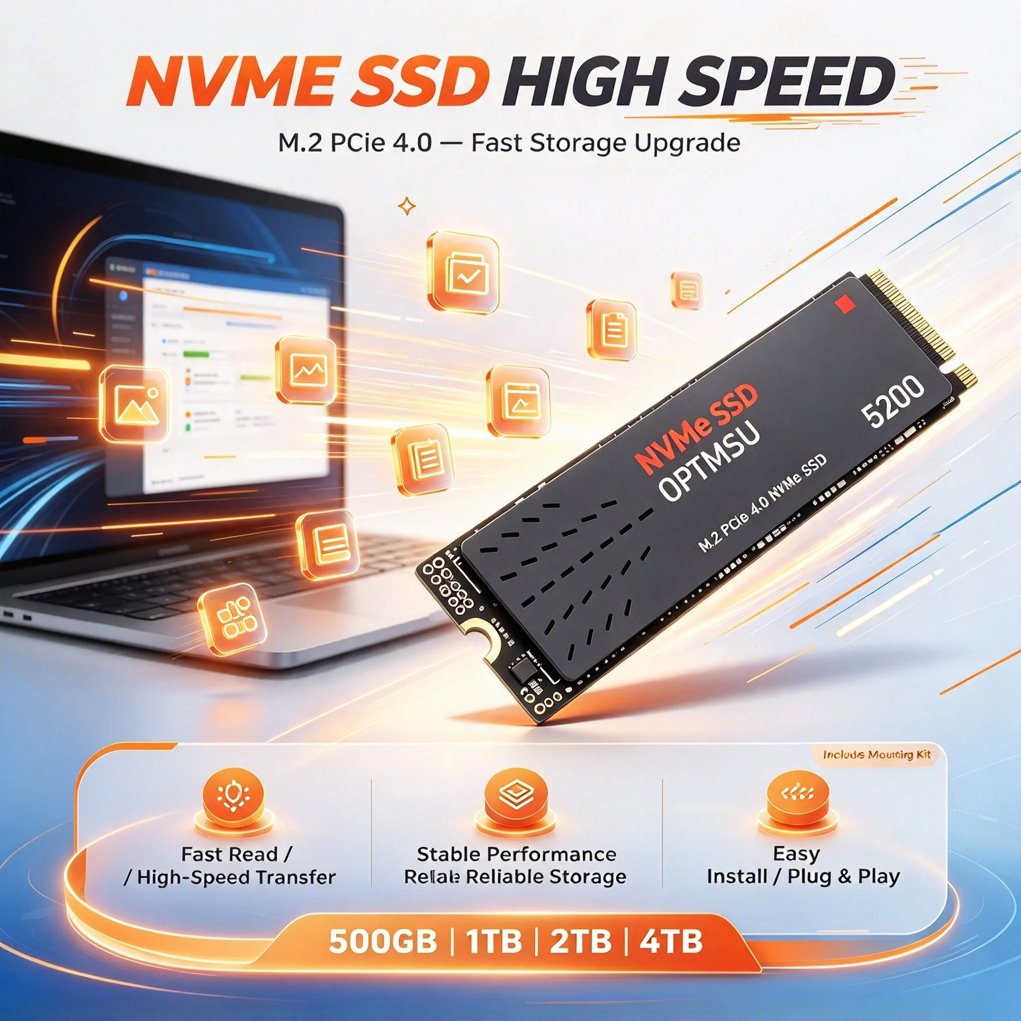 M.2 NVMe SSD 2280 PCIe High Speed Internal Solid State Drive 2TB 4TB Hard Disk for Desktop Laptop Gaming Office Data Backup