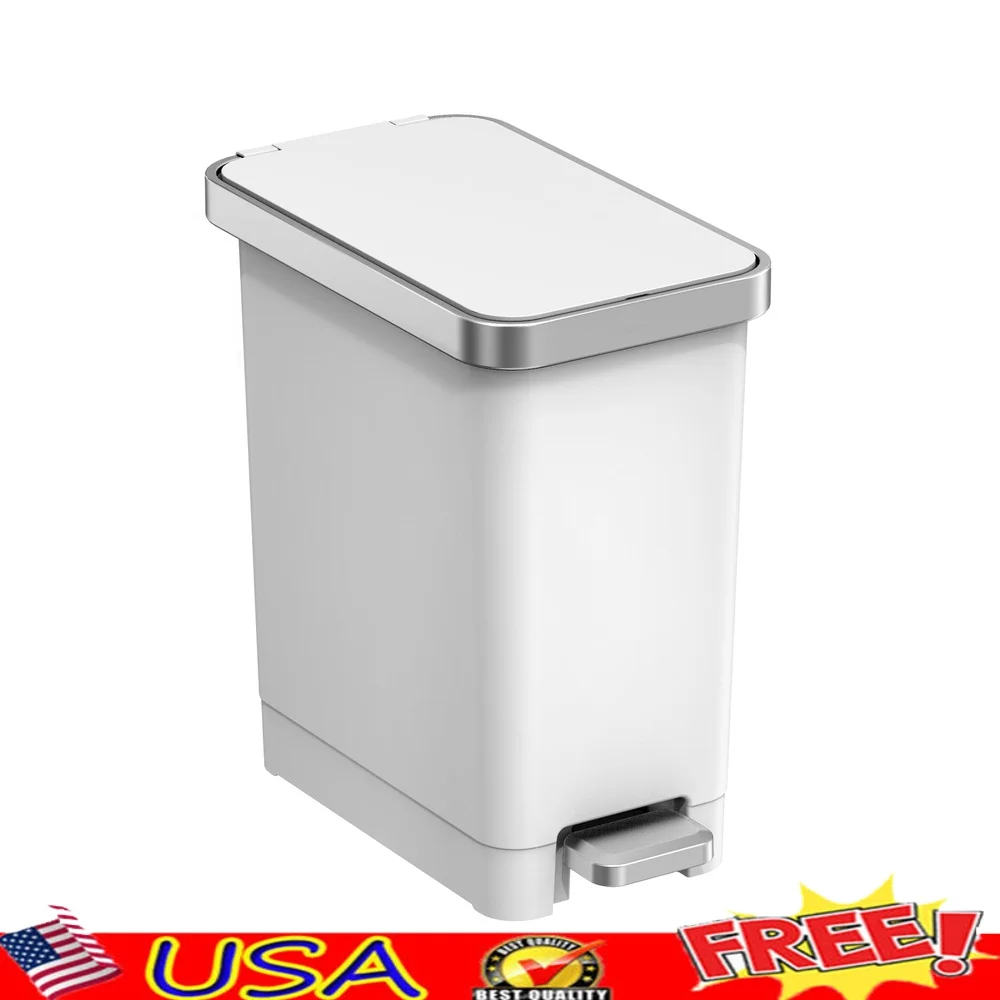 

Premium 2.5 Gallon Plastic Step Trash Can Soft Close Lid Bathroom Bedroom Office Skid Resistant Base Liner Ring Wastebasket