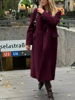 HH Women Fashion Burgundy Coat Double Breasted Long Sleeve Lapel Blends Jacket Autumn Winter High Street Outerwear - Image 2