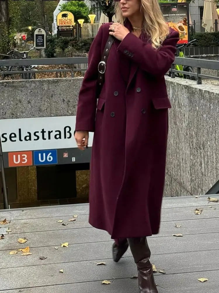 HH Women Fashion Burgundy Coat Double Breasted Long Sleeve Lapel Blends Jacket Autumn Winter High Street Outerwear