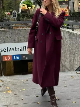 HH Women Fashion Burgundy Coat Double Breasted Long Sleeve Lapel Blends Jacket Autumn Winter High Street Outerwear 2