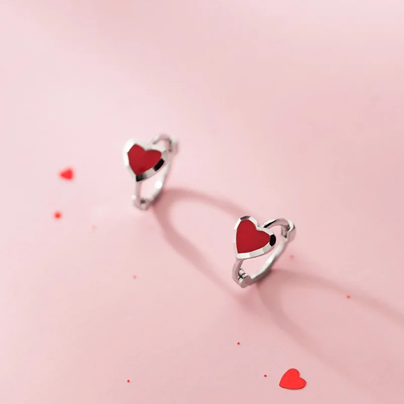 Real 925 Sterling Silver Red Heart Hoop Earrings For Fashion Women Party Bohemian Fine Jewelry Minimalist Accessories