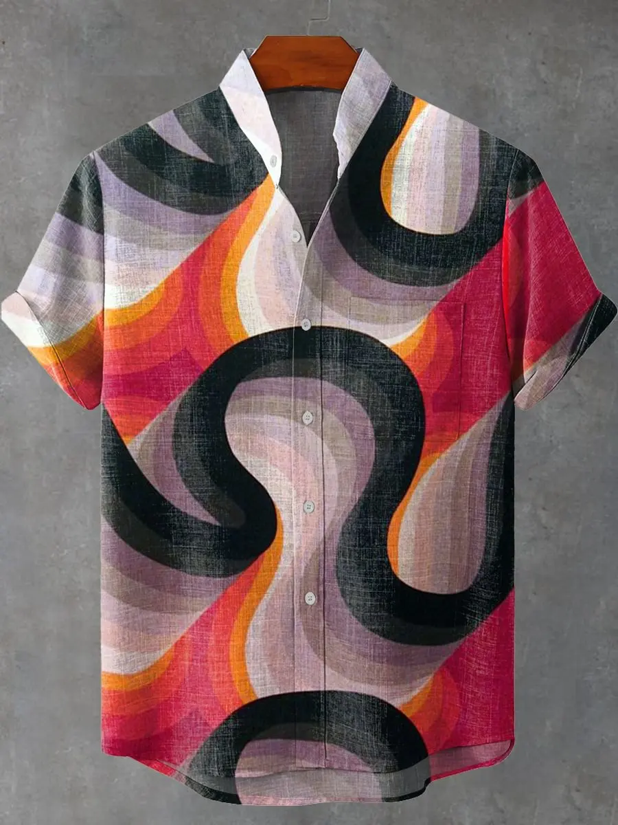 قميص رجالي مريح بأكمام قصيرة من الكتان 100% قميص رجالي أنيق بنمط مخطط هندسي قميص عصري غير رسمي #4