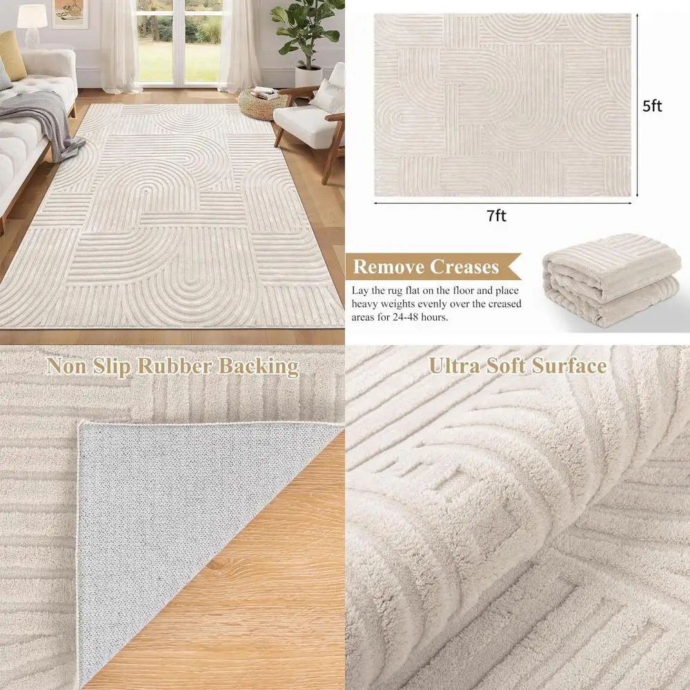 

Modern Beige Solid Color Washable Area Rugs for Living Room and Bedroom, Soft Fluffy with Non-Slip Boho Accent Indoor