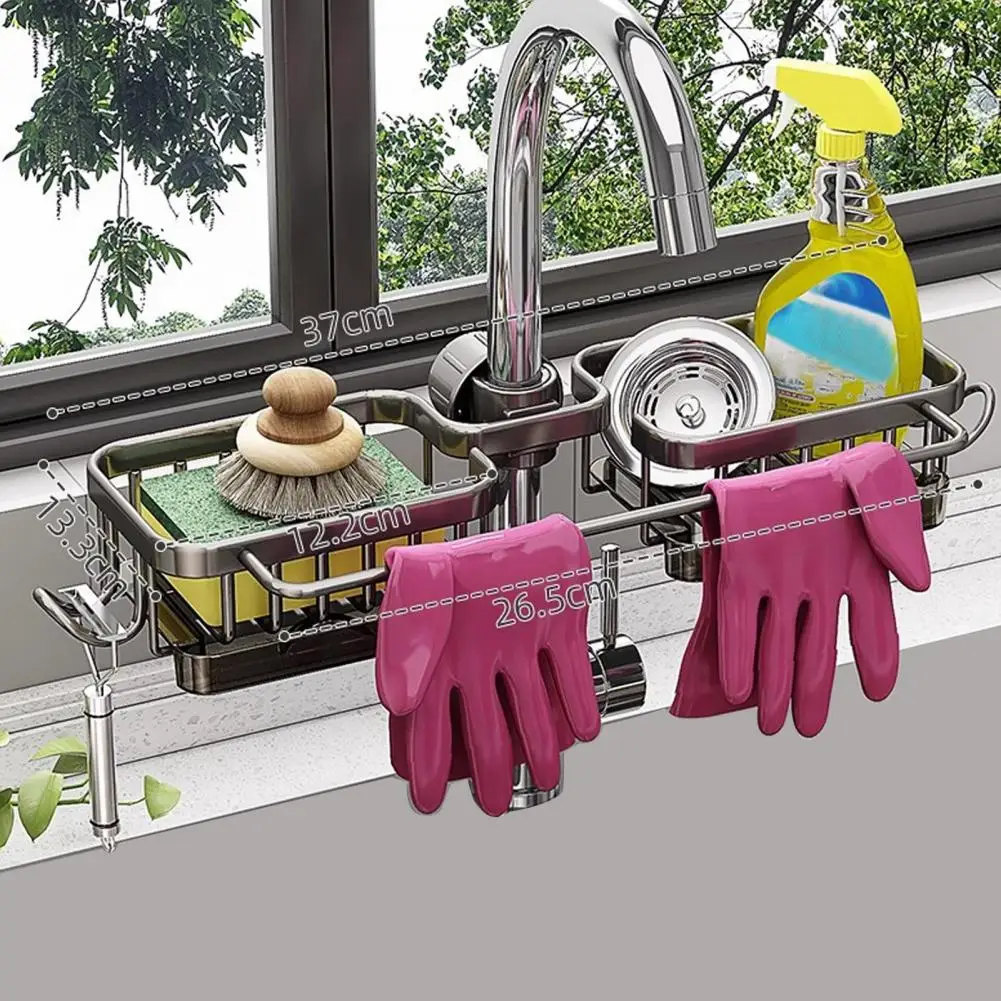 Sink Brush Holder Kitchen Sink Faucet Storage Rack with Drip Tray Space-saving Hook Design Dish Sponge Holder for Kitchen