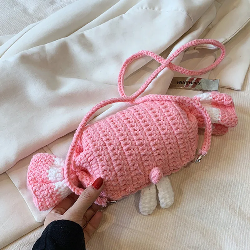 New Cartoon  Cute Big White Rabbit Candy Handmade Woolen Knitted Bag Mobile Phone Bag