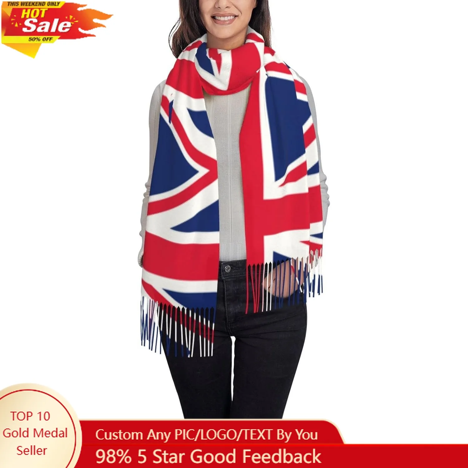 

Women'S Union Jack Oversize Tassel Shawl Scarf Wraps For Women