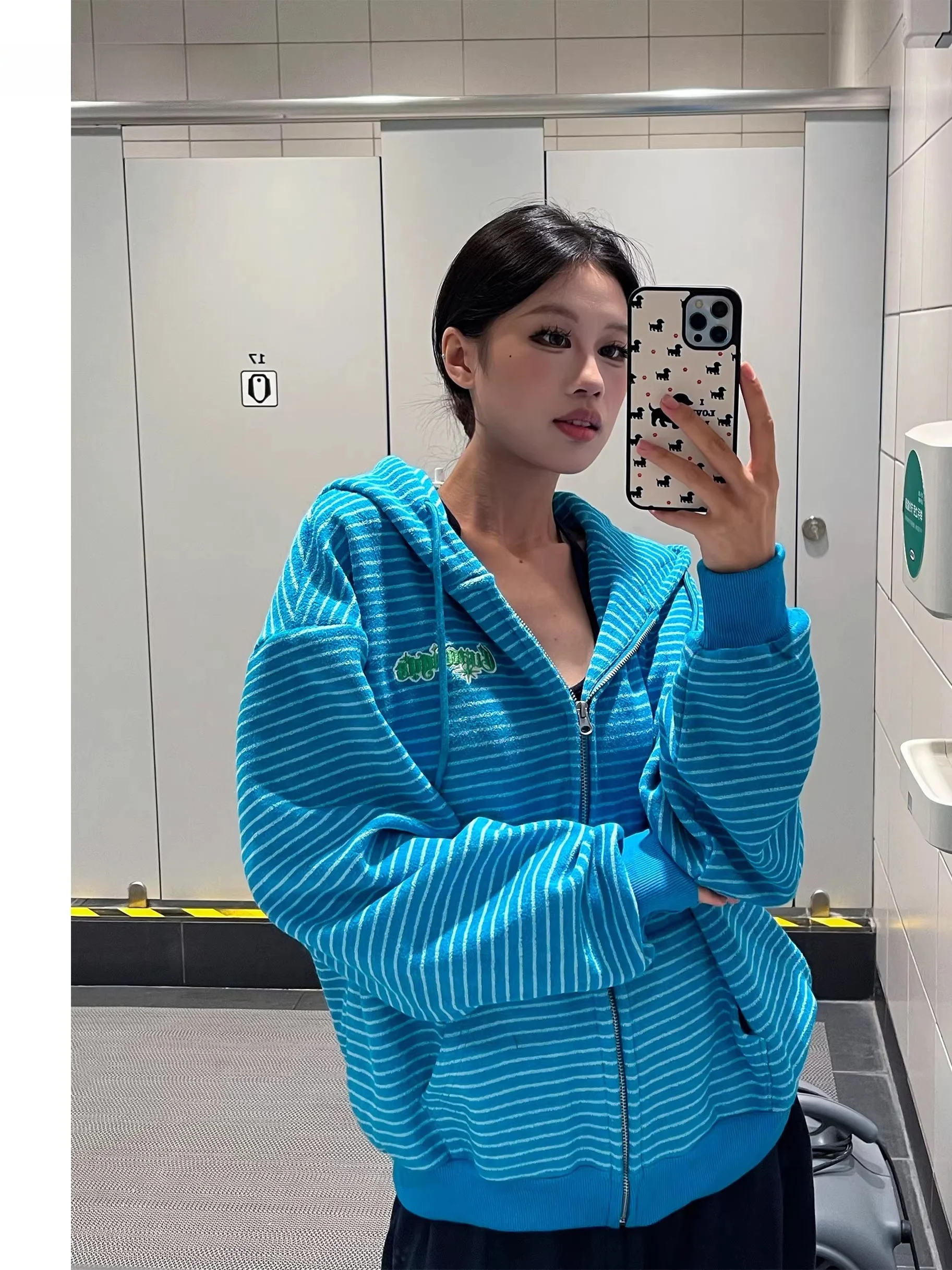 

plus Size American Retro Striped Hooded Open Cardigan Sweatshirt Women's Autumn Winter Lazy Hat Shirt Upper Body Loose Fit