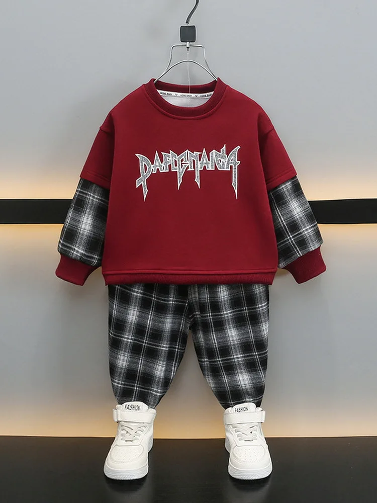 

Spring Clothes Baby Boys Patchwork Sweatshirts and Plaid Pants 2 Piece Outfit Fashion Children Set Kids Tracksuits 2-11 Years